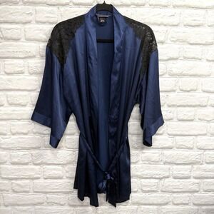 Vtg Victoria's Secret Robe Navy Black Lace Silky Kimono Belted Sleepwear Size XS